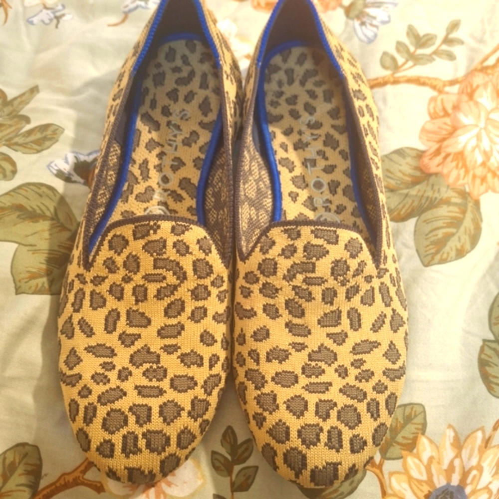 Rothy's Brown and Blue Flats with Animal Print